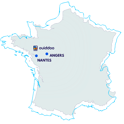 Carte de France représentant la locations des bureaux de Ouiddoo. Nantes et Angers