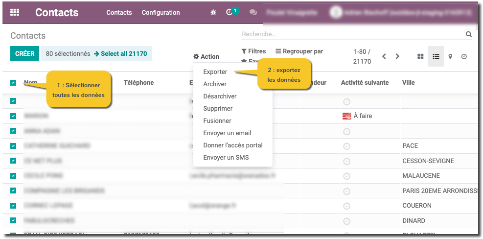 Copie d'écran de la liste des contacts